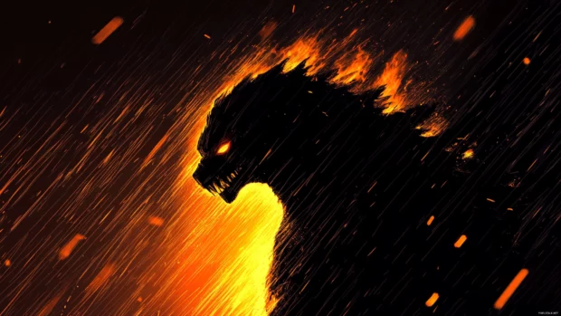 Roaring Godzilla wallpaper with rain and fire surrounding the monster silhouette.