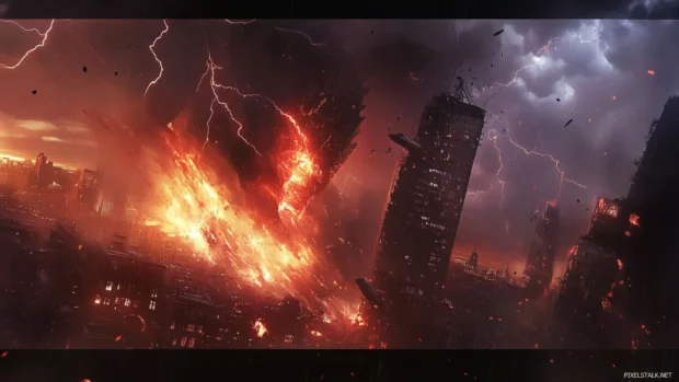 Roaring fury in Supercharged Godzilla HD wallpapers with lightning and collapsing buildings.