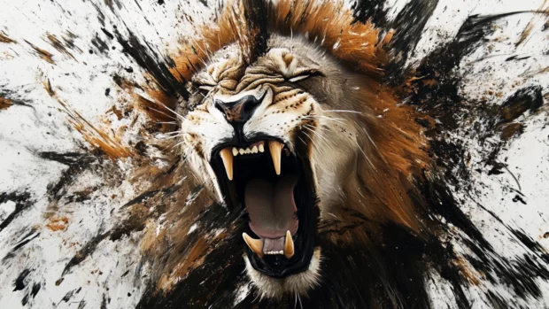 Roaring lion face deconstructed into brushstroke fragments.