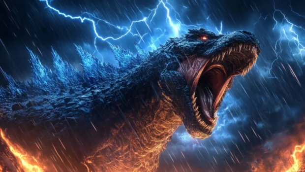 Roaring monster in cinematic Godzilla 4K desktop wallpapers during a lightning storm.