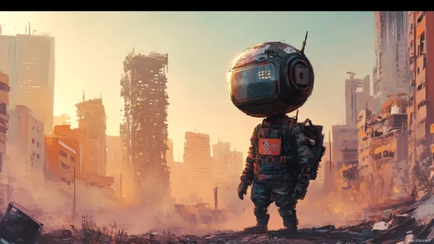 Robot boy exploring post apocalyptic world.