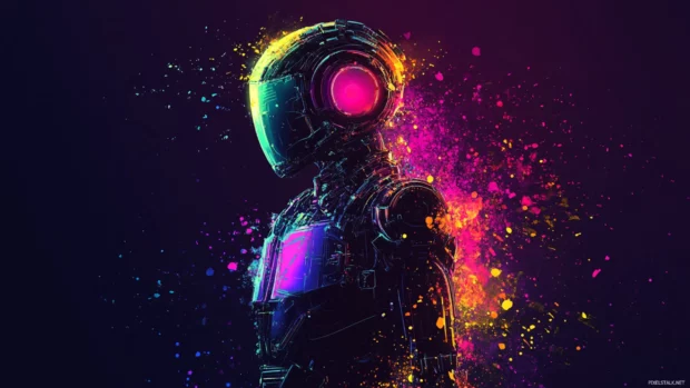 Robot silhouette bathed in fragmented neon glows.