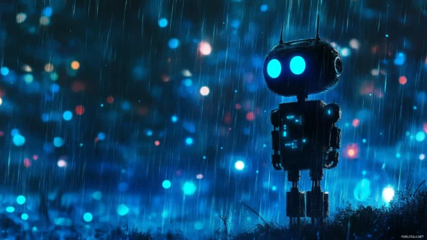 Robot silhouette under glowing blue neon rain.