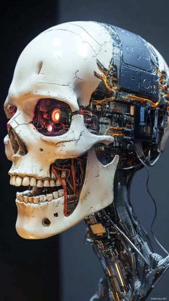 Robot skull peeling open with electric circuits.