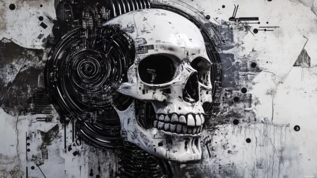 Robot skull surrounded by spirals of spray painted code.