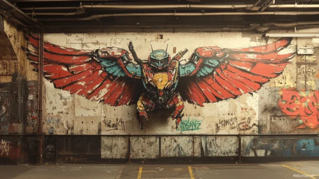 Robot with wings perched atop a subway entrance mural.