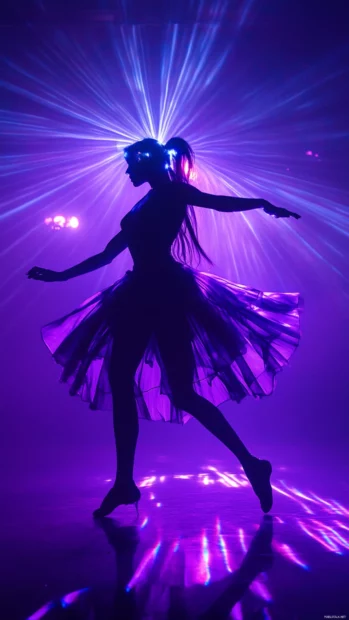 Robotic dancer spinning under ultraviolet spotlight.