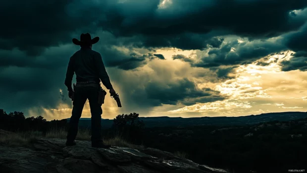 Rocky ridge scene with cowboy ready, revolver in reach, storm brewing.
