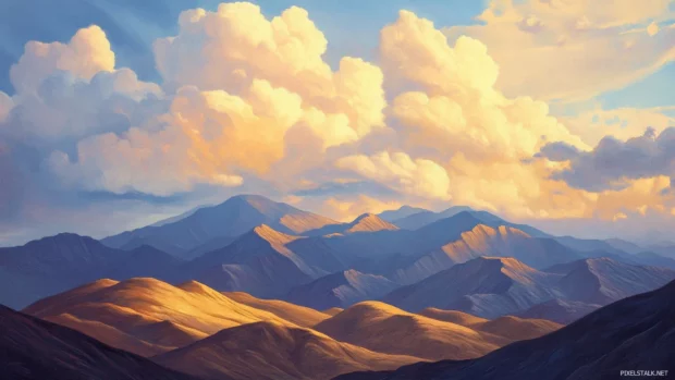 Rolling clouds casting shadows over sunlit mountains.