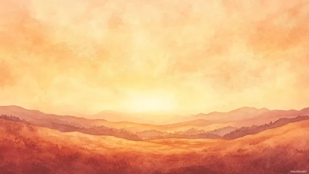 Rolling countryside glowing under a peach toned watercolor sunset sky.