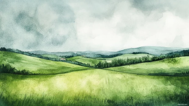 Rolling fields under soft skies creating an aesthetic watercolor art for Macbook wallpaper.