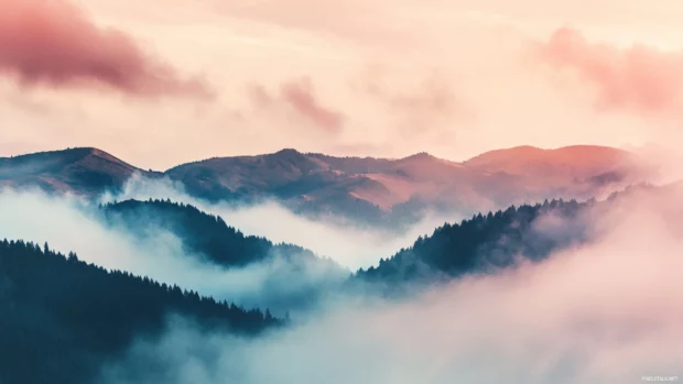 Rolling fog enveloping low watercolor mountain hills.