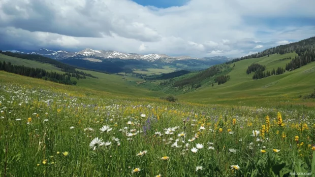 Rolling green hills dotted with pretty wildflowers.
