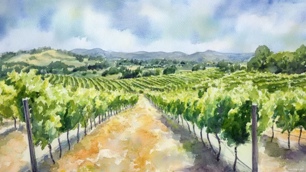 Rolling green vineyards painted in loose watercolor brushstrokes.