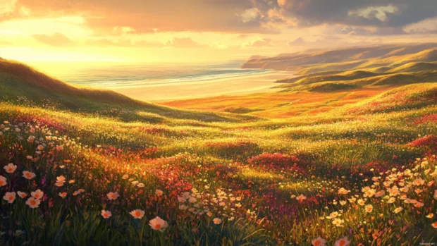 Rolling hills bathed in the warm light of a sunset beach wallpaper, wildflowers swaying in the breeze.