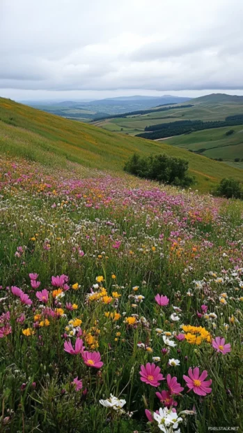 Rolling hills blanketed by pretty flowers.