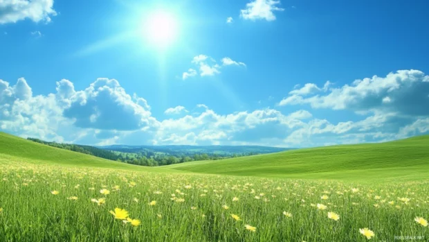 Rolling hills blooming under a warm spring sun, ideal for Peaceful meadow scenery wallpaper.