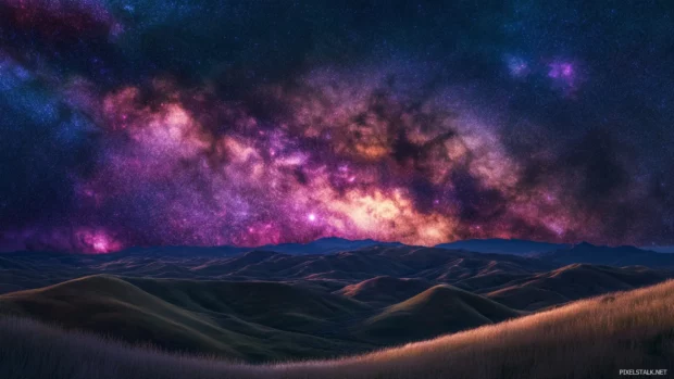 Rolling hills cloaked under a nebula filled sky, glowing through the soul of star filled galaxy wallpaper hd.