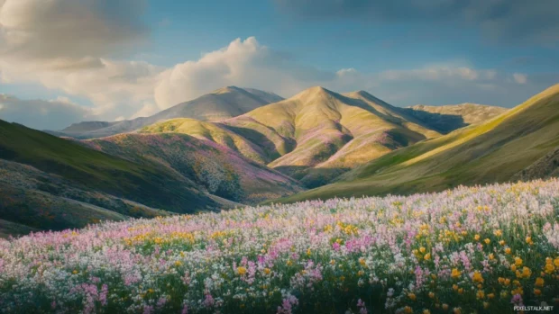 Rolling hills covered in pastel wildflowers, ideal for Pretty mountain scenery wallpaper.