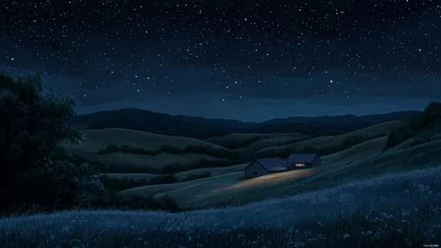 Rolling hills glowing under pink stars.