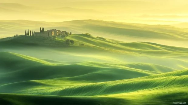 Rolling hills shimmering with early morning dew, ideal for Golden hour scenic wallpaper.