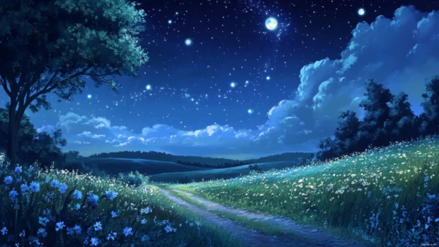 Rolling meadows disappearing into starry veils, whispering into the heart of dreamy star filled night desktop wallpaper.