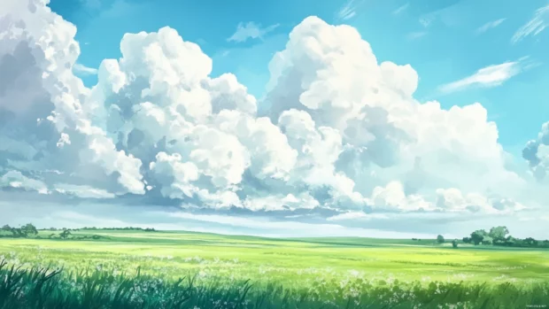 Rolling watercolor clouds over endless green fields.