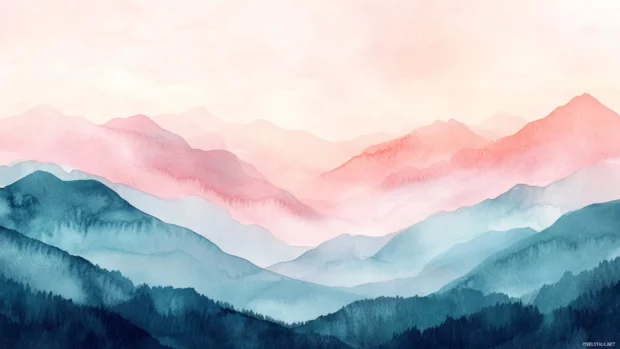 Rolling watercolor mountains under a wide pastel sky.