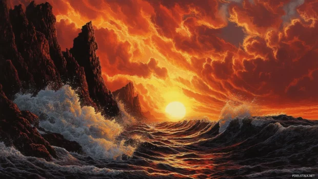 Rolling waves crash dramatically against rocky cliffs beneath a fiery sunset.