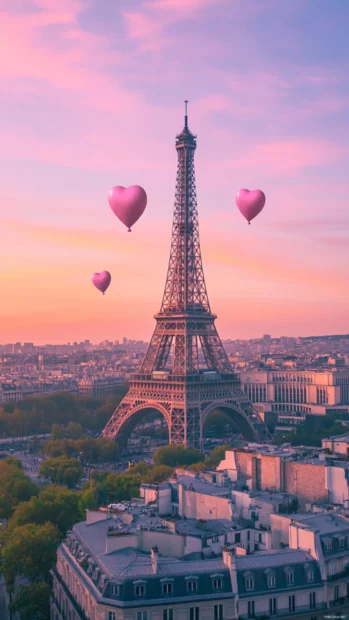 Romantic Eiffel Tower view with pink skies and floating heart balloons.