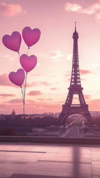 Romantic Eiffel Tower view with pink skies and floating heart balloons.