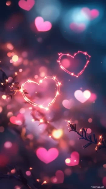 Romantic Lock screen iPhone Wallpapers with glowing heart shapes on soft backgrounds.