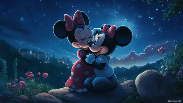 Romantic Mickey and Minnie mouse art featuring starry skies and gentle hugs.