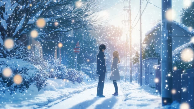 Romantic Moving Anime Wallpapers showing falling snow in a soft winter scene.