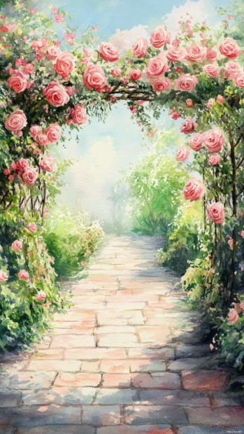 Romantic Watercolor Garden Path Lined With Blooming Roses.
