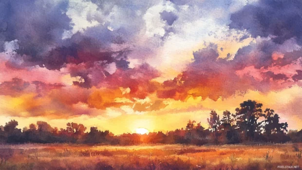 Romantic Watercolor Pastel Sunset Over A Sleepy Countryside.