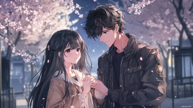 Romantic anime couple holding hands under the stars, anime aesthetic wallpaper for PC.