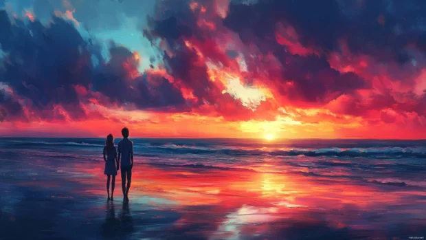Romantic couple watching Pretty Sunset on beach inspired by Romantic sunset wallpaper.