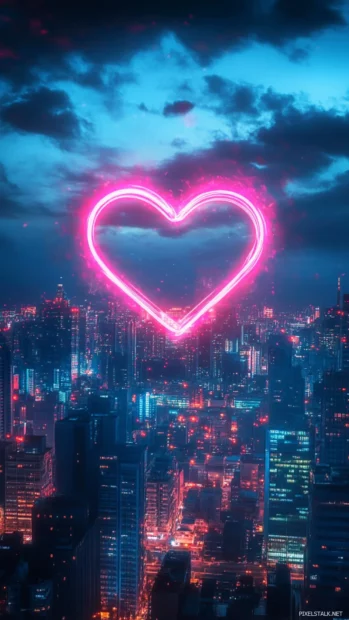 Romantic neon heart glowing over cityscape inspired by Romantic neon heart wallpaper.