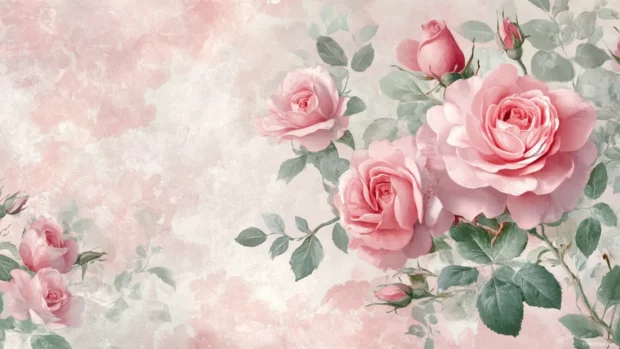 Romantic pink garden roses in vintage style, one of the floral digital wallpapers for PC users.