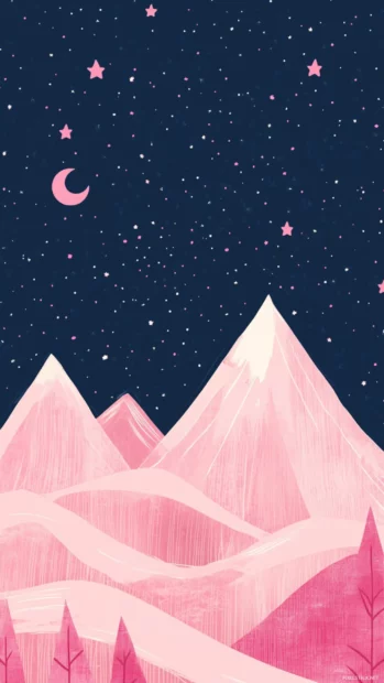 Romantic pink night stars wallpaper featuring pink stars rising behind abstract pink mountains.