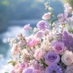 Romantic scene of Pretty Flower bouquet by the river, Romantic floral wallpaper.