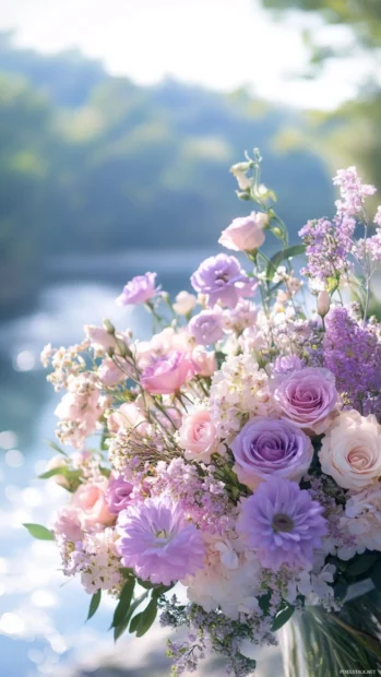 Romantic scene of Pretty Flower bouquet by the river, Romantic floral wallpaper.