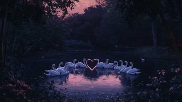 Romantic scene of Swans forming a heart shape on a calm pond, featured in Swans PC Wallpapers collection.