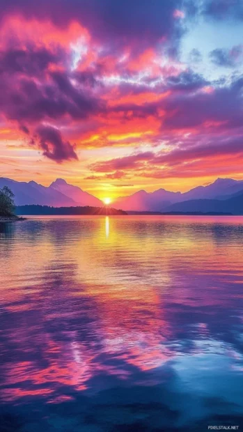 Romantic sunset illuminating pretty lake shore inspired by Romantic pretty scenery wallpaper.
