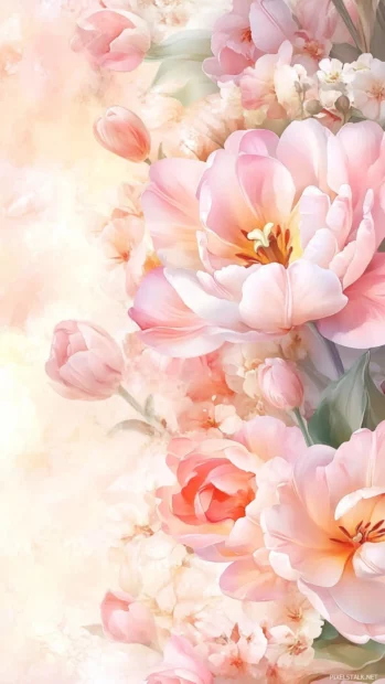 Romantic tulip bouquet lock screen wallpaper for iPhone in soft pastel colors.