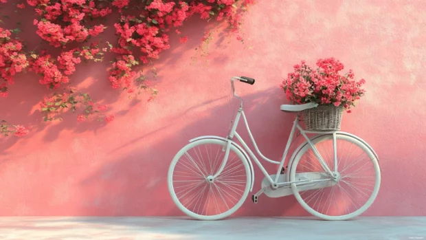 Romantic vintage bicycle with flower basket in front of a pink wall.