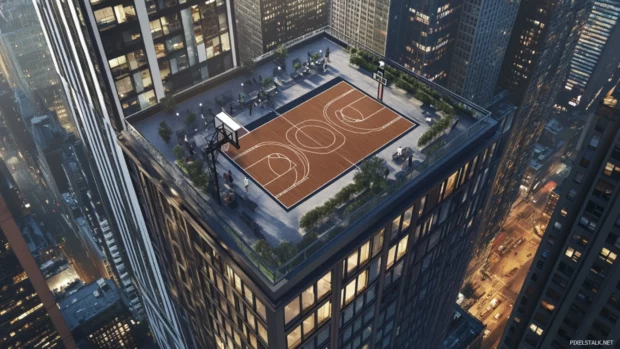 Rooftop basketball court on a high rise surrounded by skyscrapers.