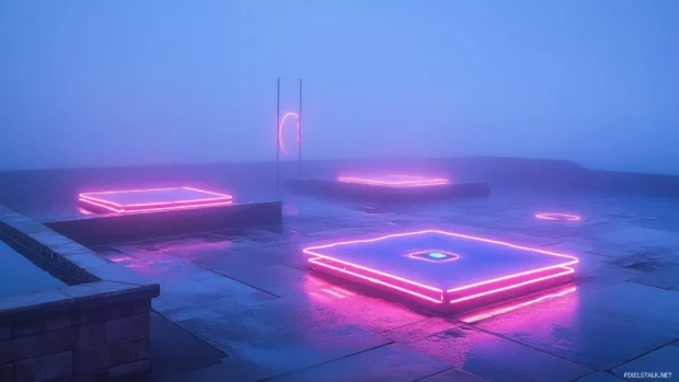 Rooftop neon helipads shimmering in fog.
