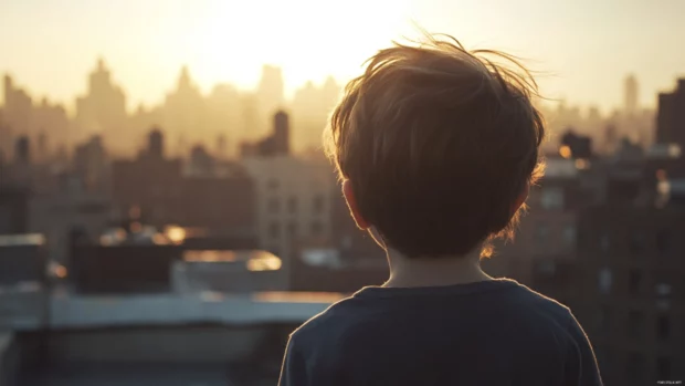Rooftop breeze tousles the boys hair.